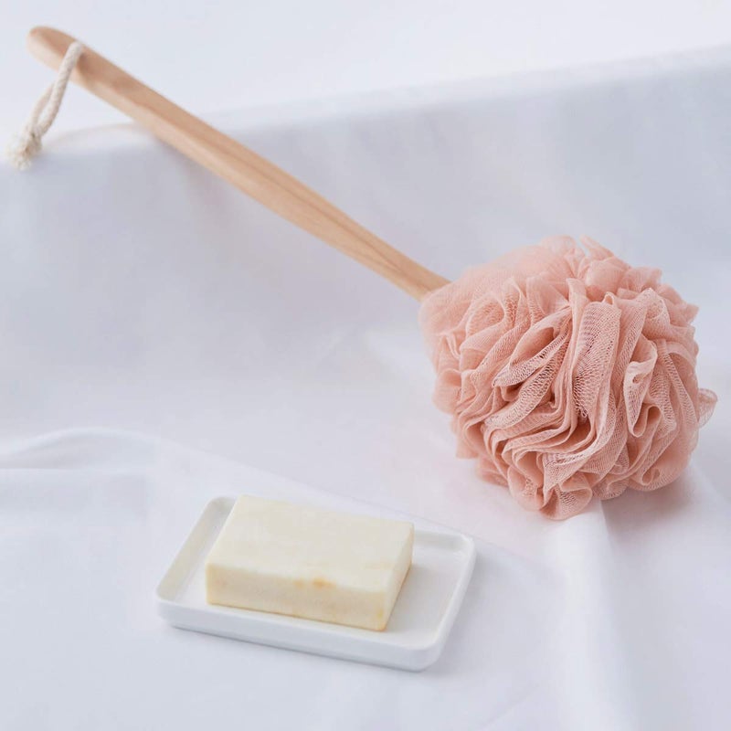 أرسوين Arswin Loofah Back Scrubber للاستحمام، فرشاة استحمام خشبية ذات مقبض طويل Lufa، فرشاة تنظيف خلفية شبكية من النايلون الناعم، للنساء والرجال، وسادة لوفا مقشرة على عصا للجسم (وردي) - Image 2